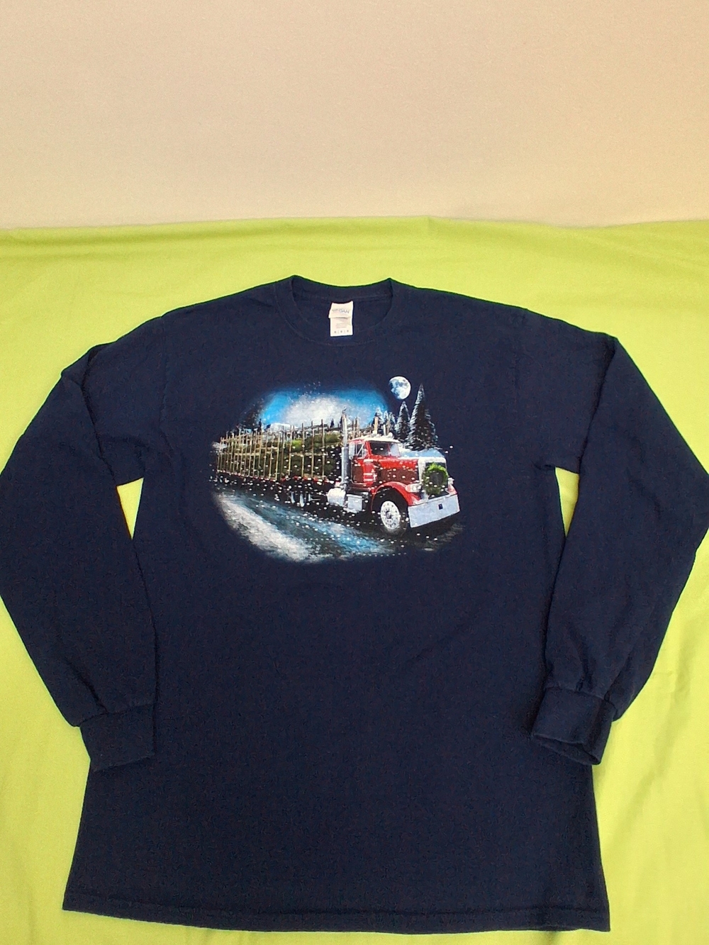 Gildan Navy Long-Sleeve Shirt with Red Truck Graphic